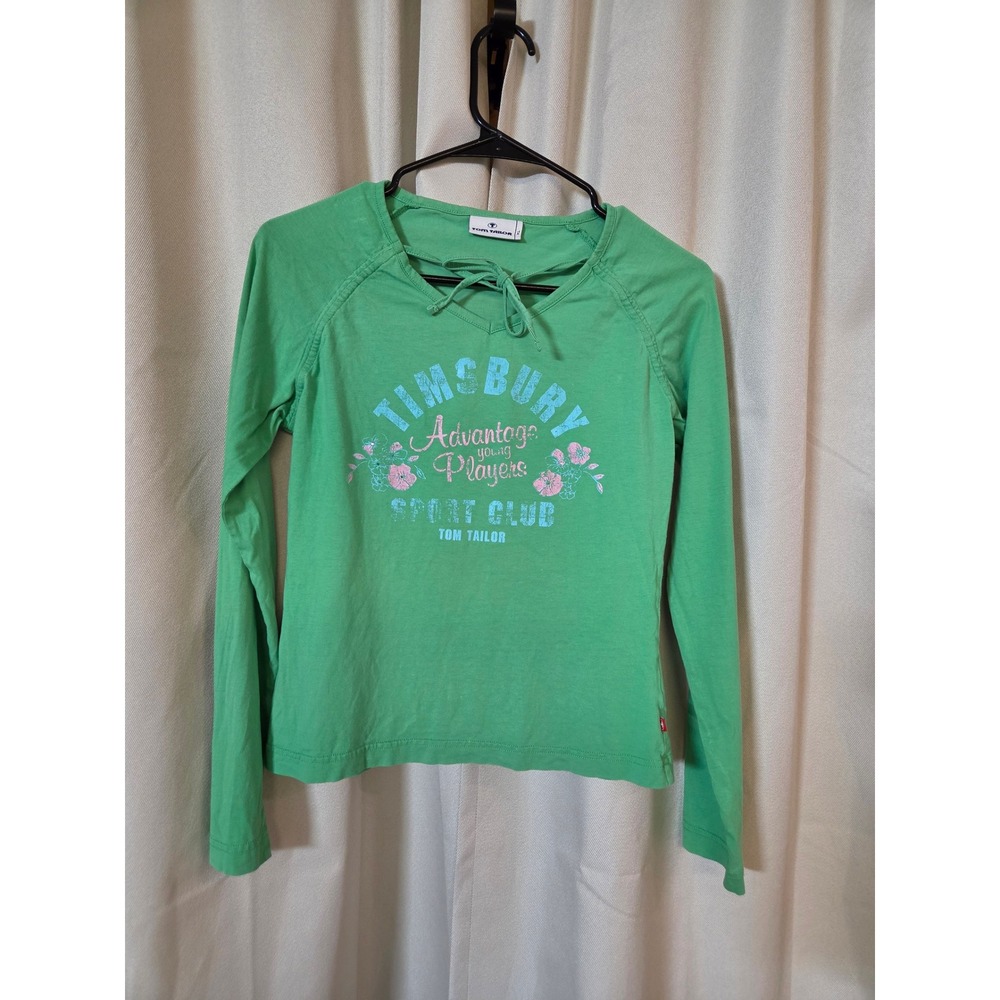 Tom Tailor Kids Green Long Sleeve Graphic Tee Sport Club Tie Neck XL